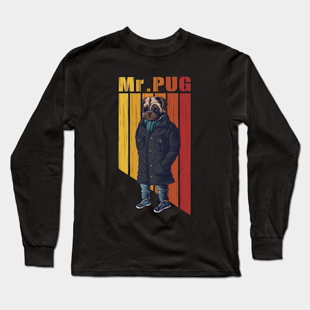 Mr. pug dog illustration Long Sleeve T-Shirt by Mako Design 